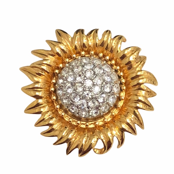 JOAN RIVERS GOLDEN SUNFLOWER BROOCH WITH PAVE CLEAR CRYSTAL CENTER - Picture 1 of 16